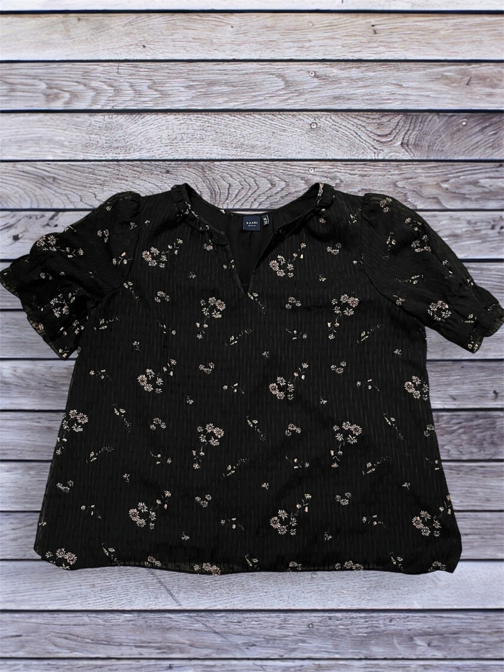 Kaari Blue Black Floral Slight Puff-Sleeve Cottagecore Blouse xl